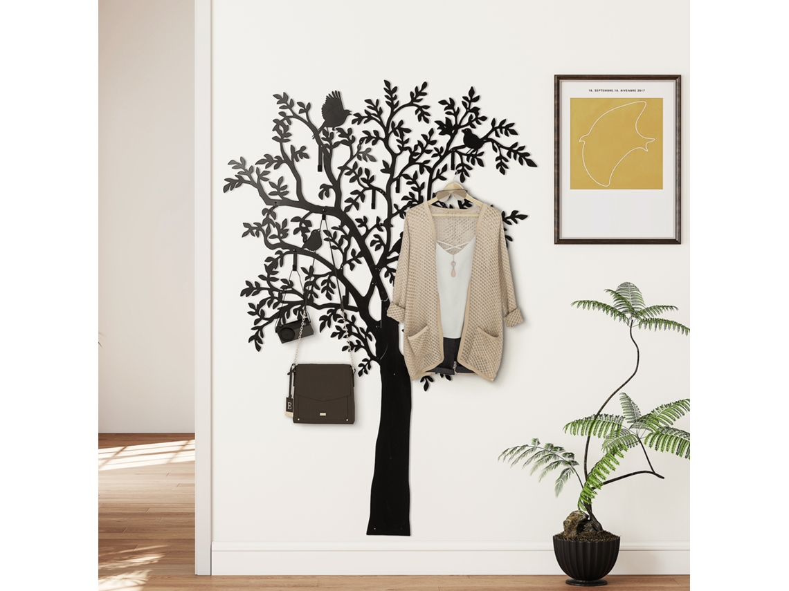 Wall Coat Rack, Wall Mounted Coat Hook, Tree Design With Birds, Black