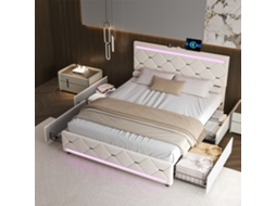 Cama De Casal 160x200 Cm Com 4 Gavetas, Cabeceira Com Led E Usb, Cama Elegante Com Arrumação Para Adultos E Adolescentes, Bege Mexus