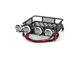 Bagageiro metálico 115x107mm com luzes de projeção para carros RC Crawler 1/10, preto.