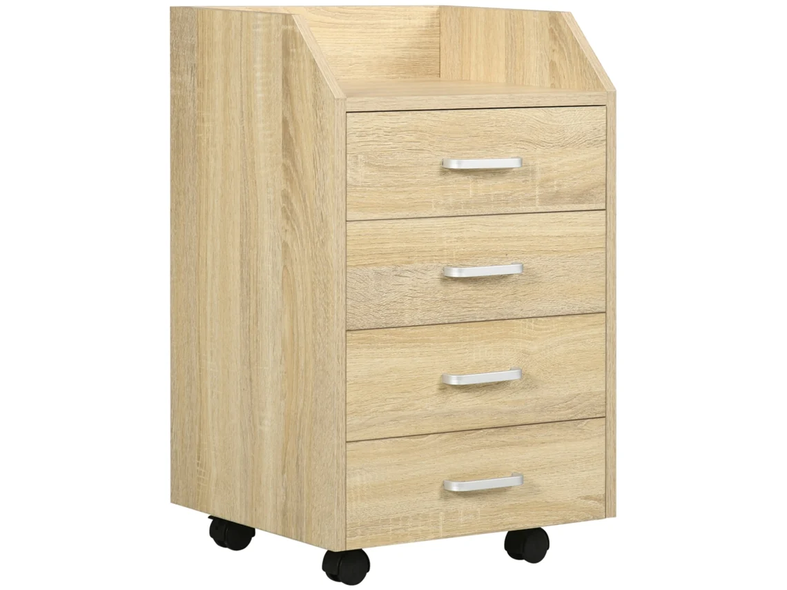 Cômoda de escritório em madeira natural com 4 gavetas, rodízios e bordos elevados (40x36x65 cm) BTFORUS