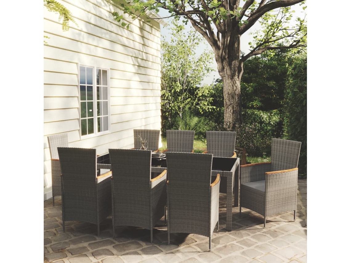 Vidaxl 9 Pcs Conjunto Jantar Exterior C/ Almofadões Vime Pe Cinzento