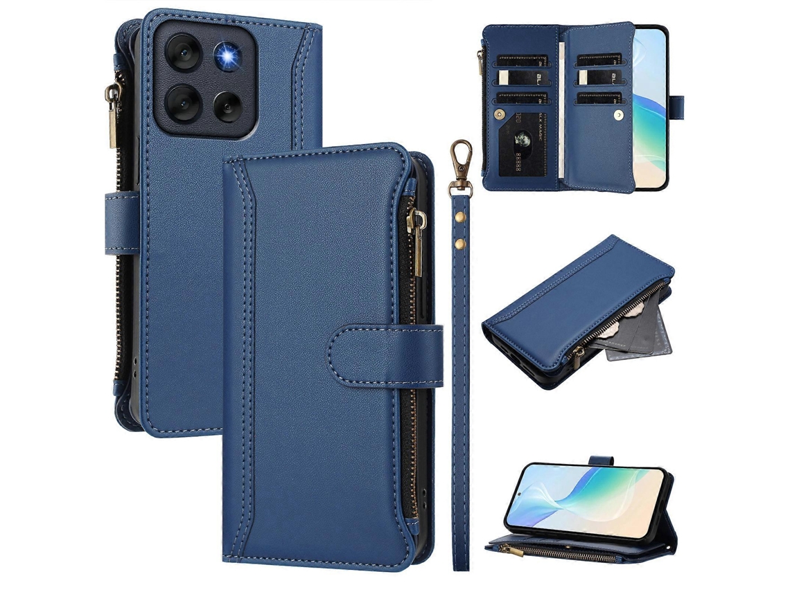 Capa De Couro Com 9 Compartimentos Para Cartões E Suporte Tipo Carteira Com Zíper Para Motorola Moto G56 5g, Azul Escuro