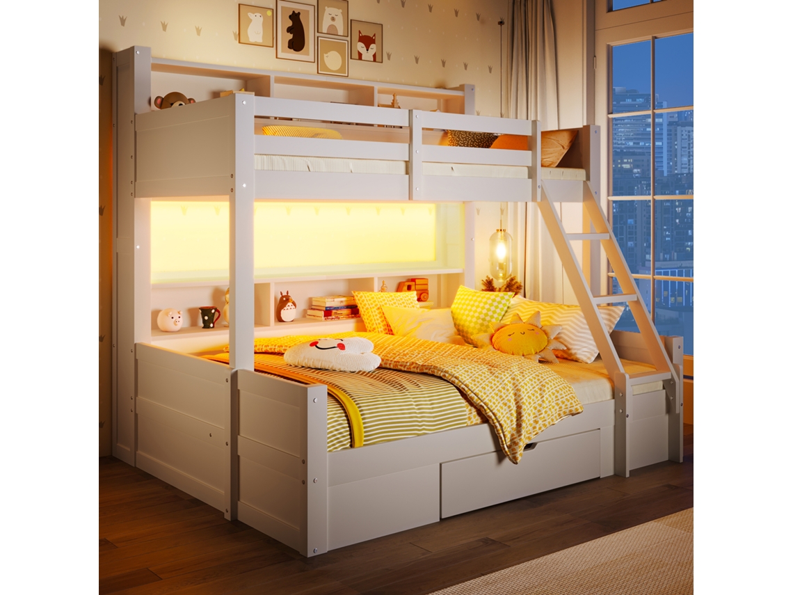 Beliche 90x200 + 140x200 Cm Led Gavetas Escada Modular Arrumação Espaço