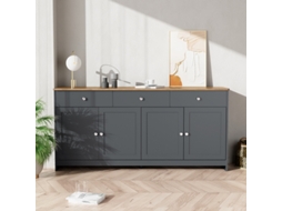 Aparador de madeira com 4 portas e 3 gavetas, acabamento em cinza e marrom, ideal para sala de estar e quarto.