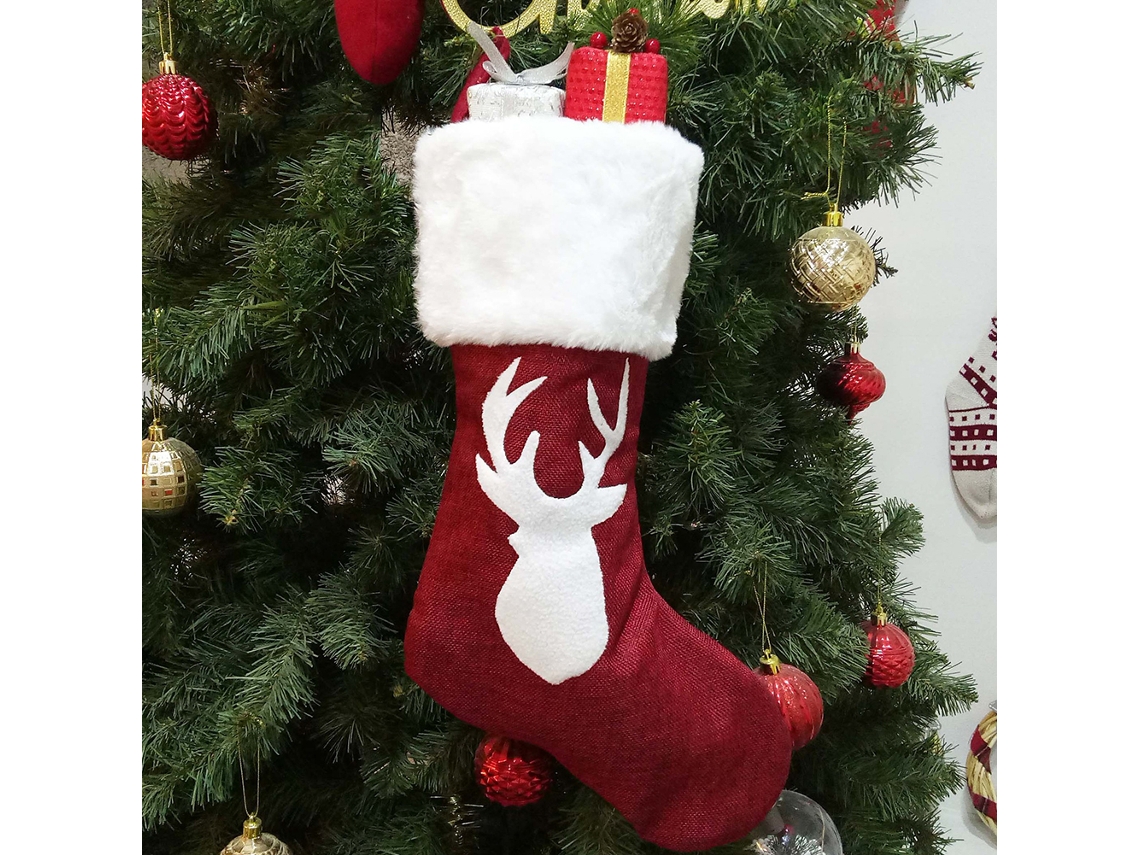 Laxiscreed Saco Natalício Em Linho Vermelho Com Bordado De Alce Para Presentes De Natal