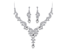 Conjunto Colar Brincos Pingentes Strass Brilhantes Brancos