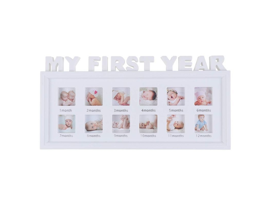 Marco De Fotos Para Bebê Primeiro Ano 12 Meses Colagem Memória Madeira Branca 41x20cm