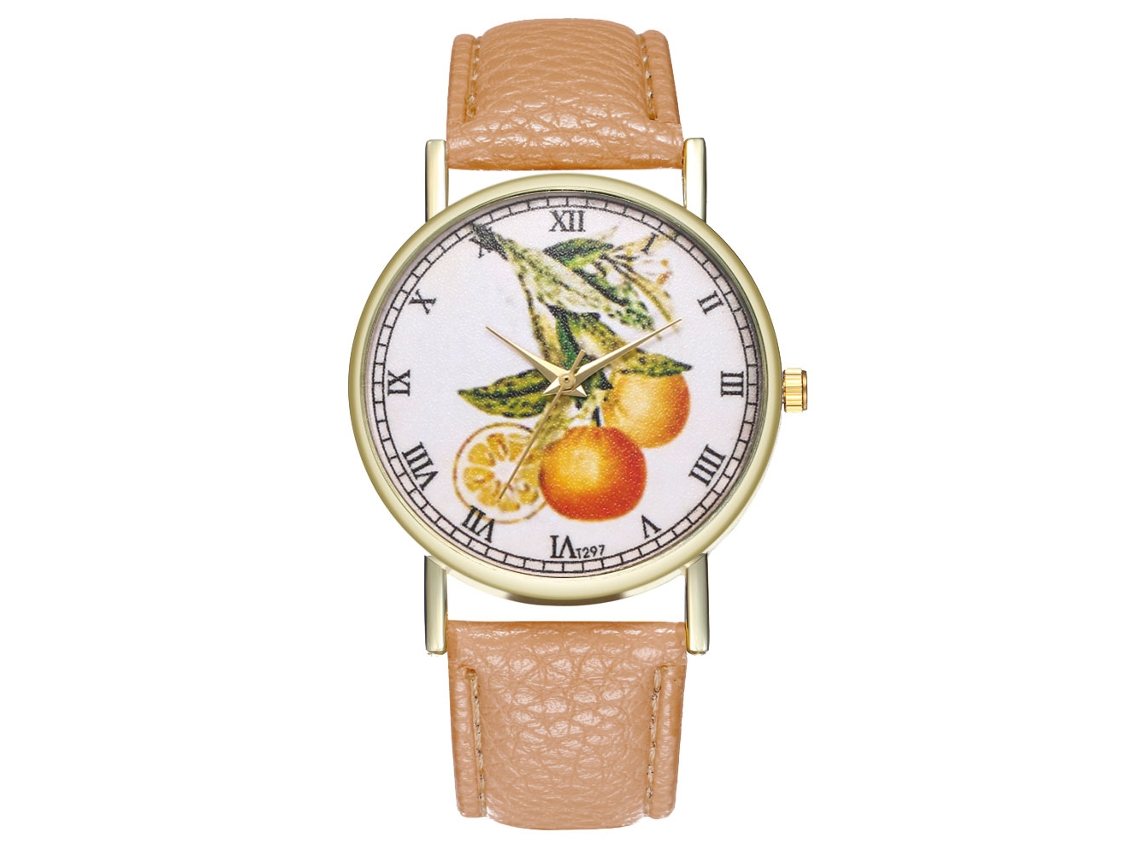 Relógio unissex casual de quartzo com estampa de frutas e pulseira de couro amarelo claro.