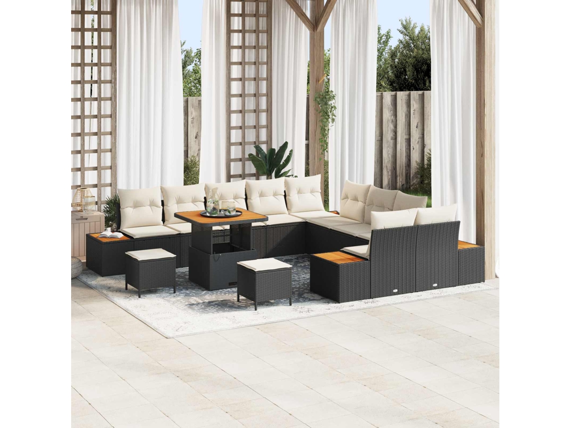 Vidaxl Conjunto De Sofá De Jardim Com Almofada 13 Pcs Preto E Creme