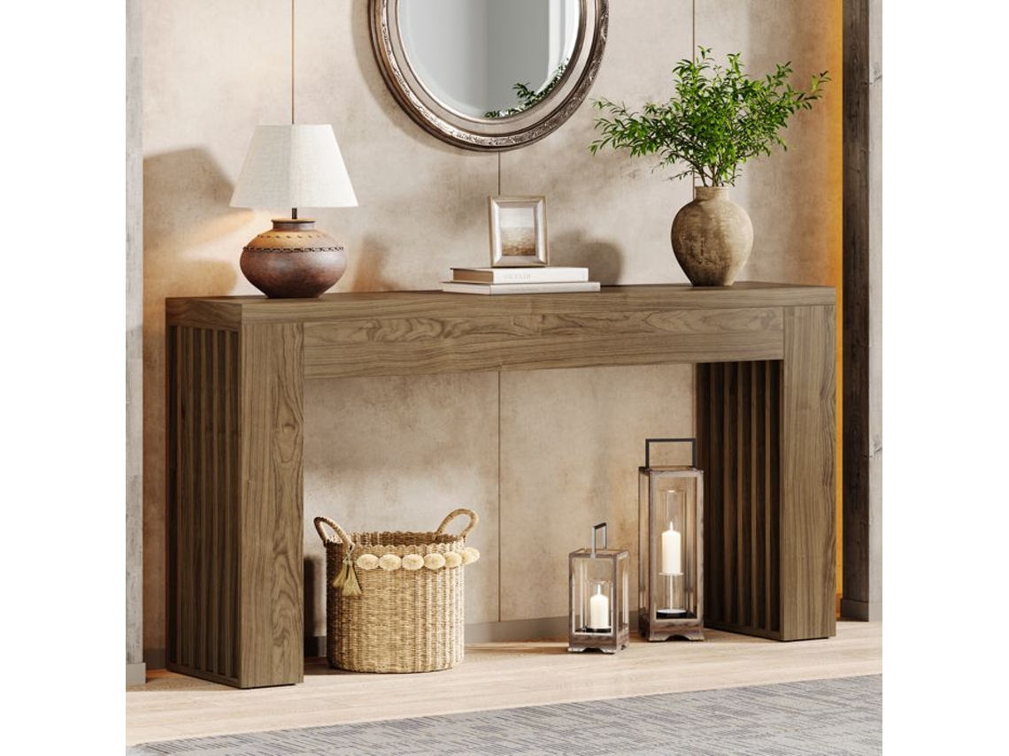 Console De Mesa - Little Tree - Little Tree - 150×30×80 Cm - Pés Com Ripas Verticais - Madeira Maciça