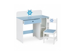 Secretária E Cadeira Relaxdays Para Crianças, Com Gaveta E 2 Compartimentos, Design Náutico, Azul/branco