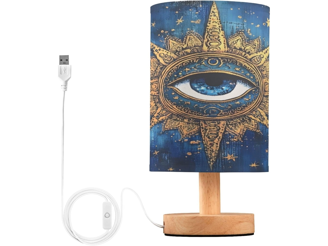 Abajur De Cabeceira Led Para Afastar O Mau Olhado, Ideal Para Quarto, Leitura Com Cúpula De Tecido, Base De Madeira E