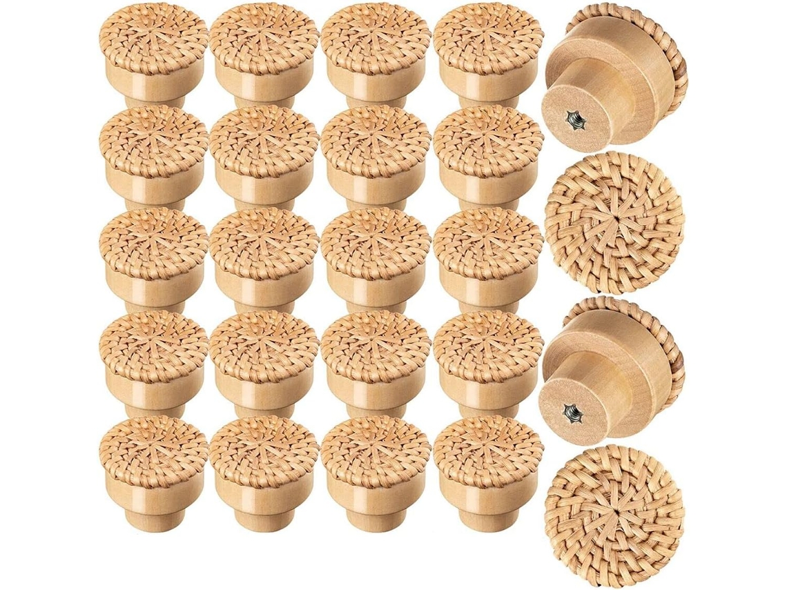 Conjunto De 24 Puxadores Cômoda Boho Em Rattan, Redondos, De Madeira, Para Gavetas, Armários E Cômodas