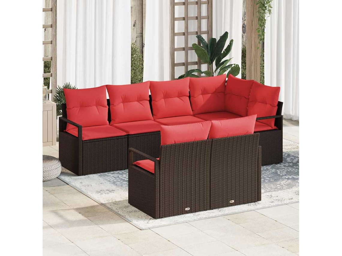 Vidaxl Conjunto De Sofá De Jardim 7 Pcs Marrom E Vermelho Vime Pe