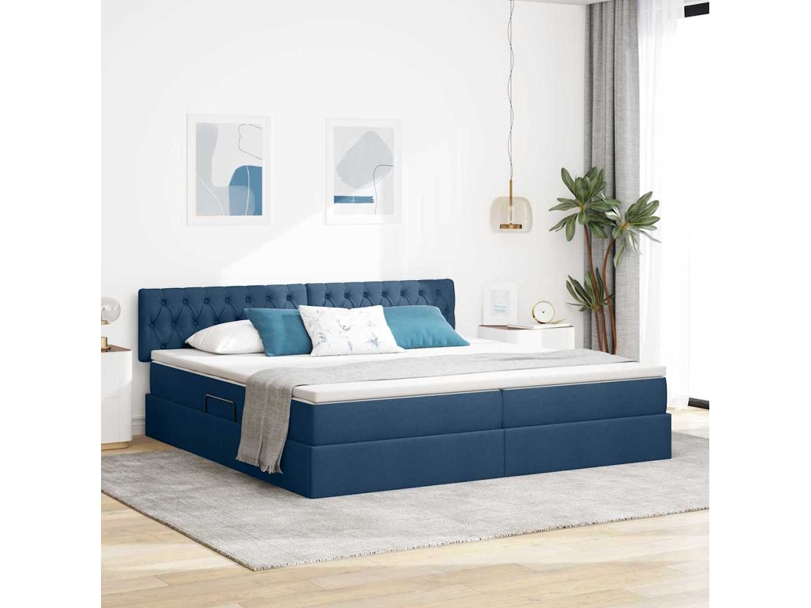 Vidaxl Cama De Armazenamento Led Com Colchão Azul 200 X 200 Cm Tecido
