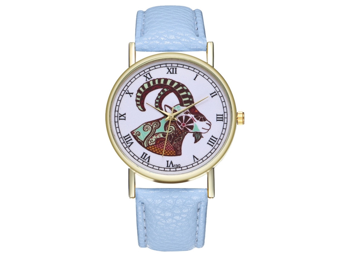Relógio de quartzo unissex com pulseira de couro PU e mostrador moderno azul claro com textura de cabra.