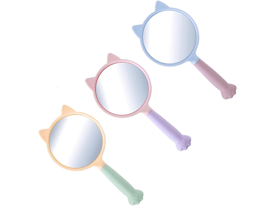 Conjunto de 3 espelhos de maquiagem em formato de pata de gato, feitos em ABS e vidro, fáceis de usar.