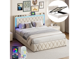 Cama Estofada 140x190 Cm, Veludo com Botões, Led e Usb, Cabeceira Estofada, com Arrumação, Sem Colchão BURSDANY