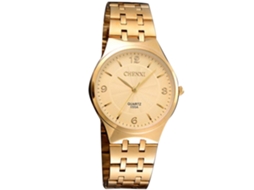 Relógio de pulso de quartzo para homens e mulheres, estilo casual, resistente à água, aço dourado.