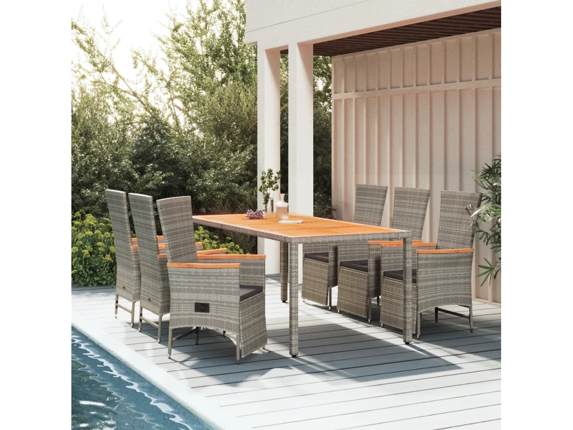 7 Pcs Jogo De Jantar P/ Jardim C/ Almofadões Vime Pe Cinza Dkd Home Decor