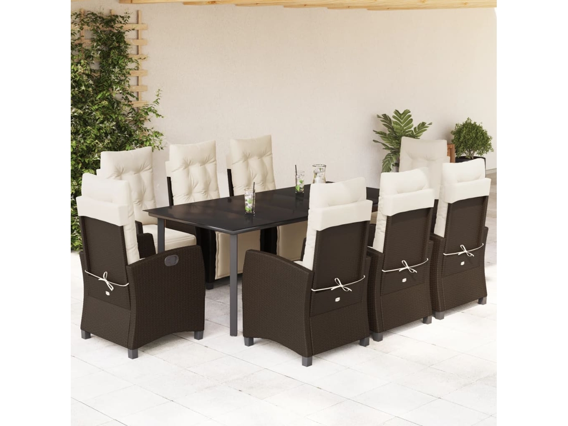 Vidaxl 9 Pcs Conjunto Jantar P/ Jardim C/ Almofadões Vime Pe Castanho