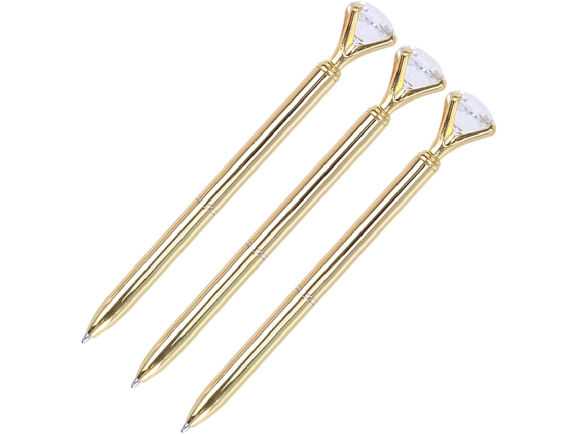 Caneta Dourada Em Metal Com Diamante De Cristal, Pacote 3 Canetas