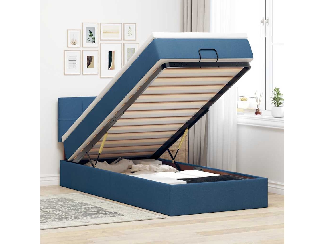 Cama Otomana Com Colchão Leds Tecido Azul 100x200 Cm