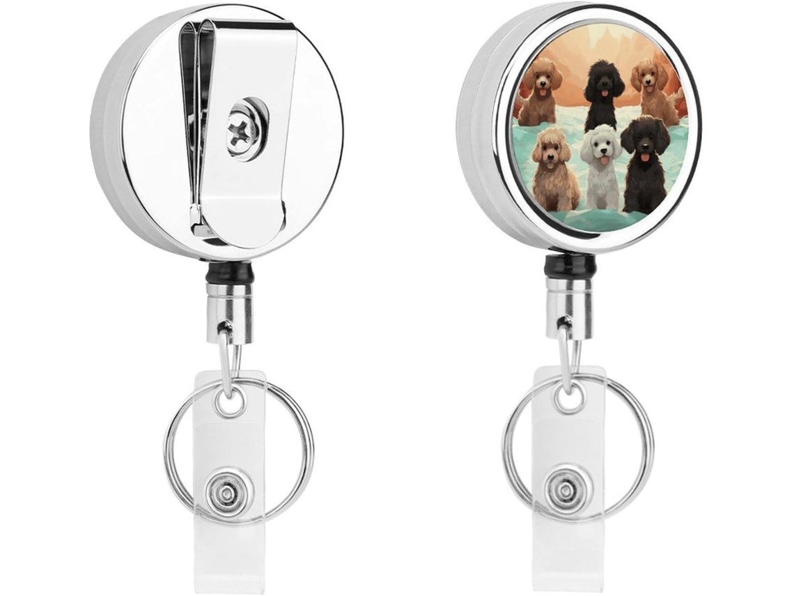 Porta Crachá Com Pingente De Poodle E Clipe Metálico Retrátil, Porta Crachá Portátil Em Nylon, Cordão Em Aço Inoxidável