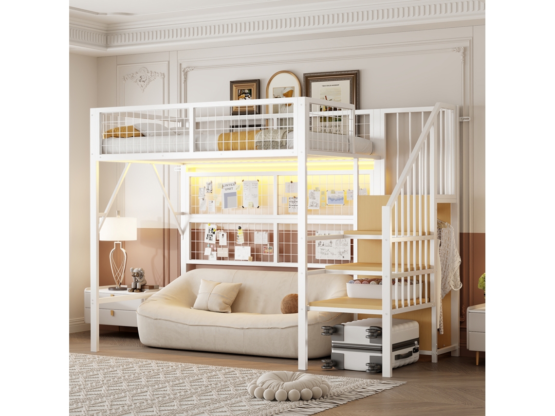 Cama 140x200 Alta Metal com Escrivaninha, Guarda roupa Branca, sem colchão VOLTEDGE