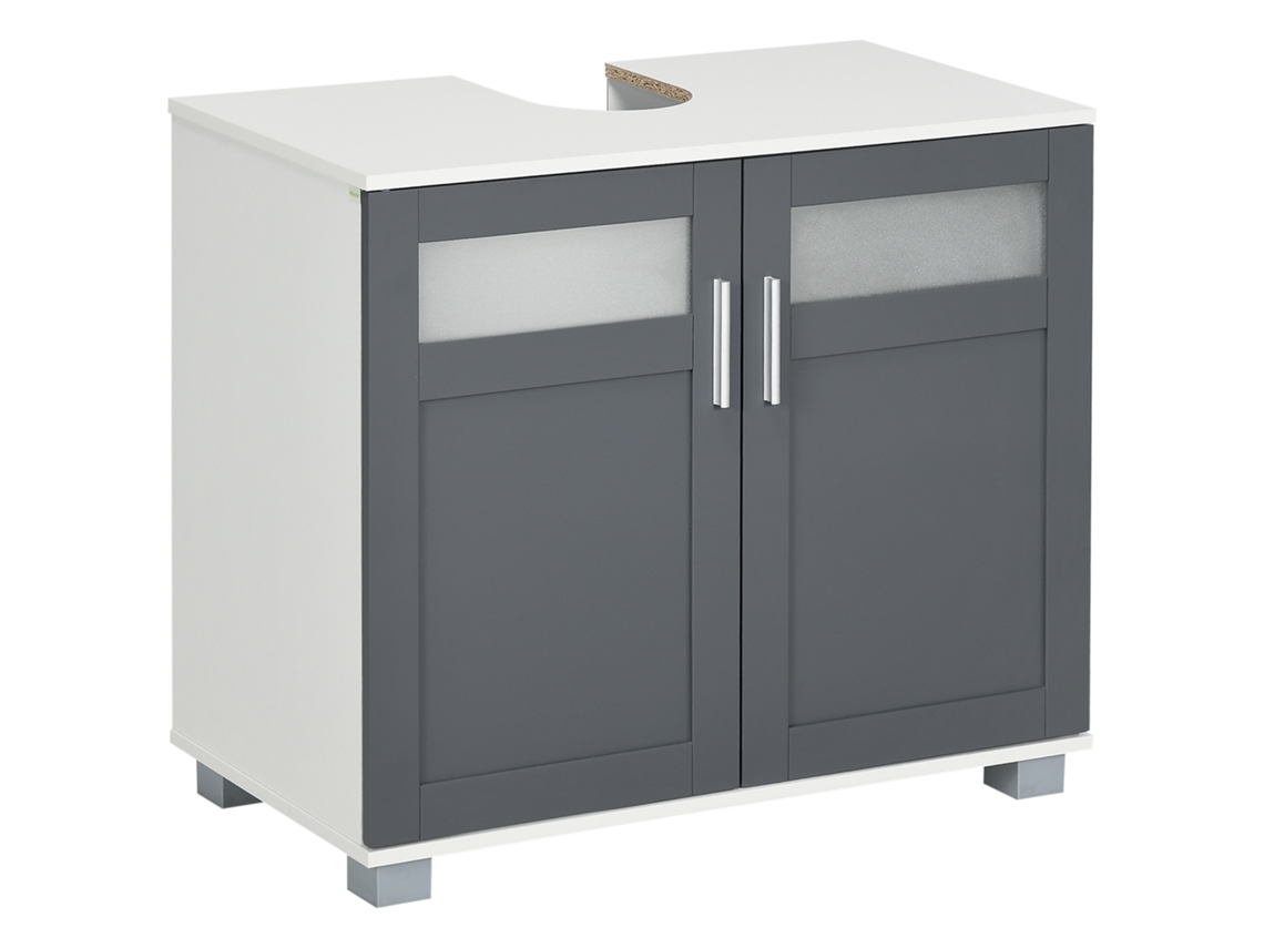 Móvel Para Lavatório Pousar Com 2 Portas Com Vidro Temperado E Prateleira Ajustável 69x35x59 Cm Branco E Cinza