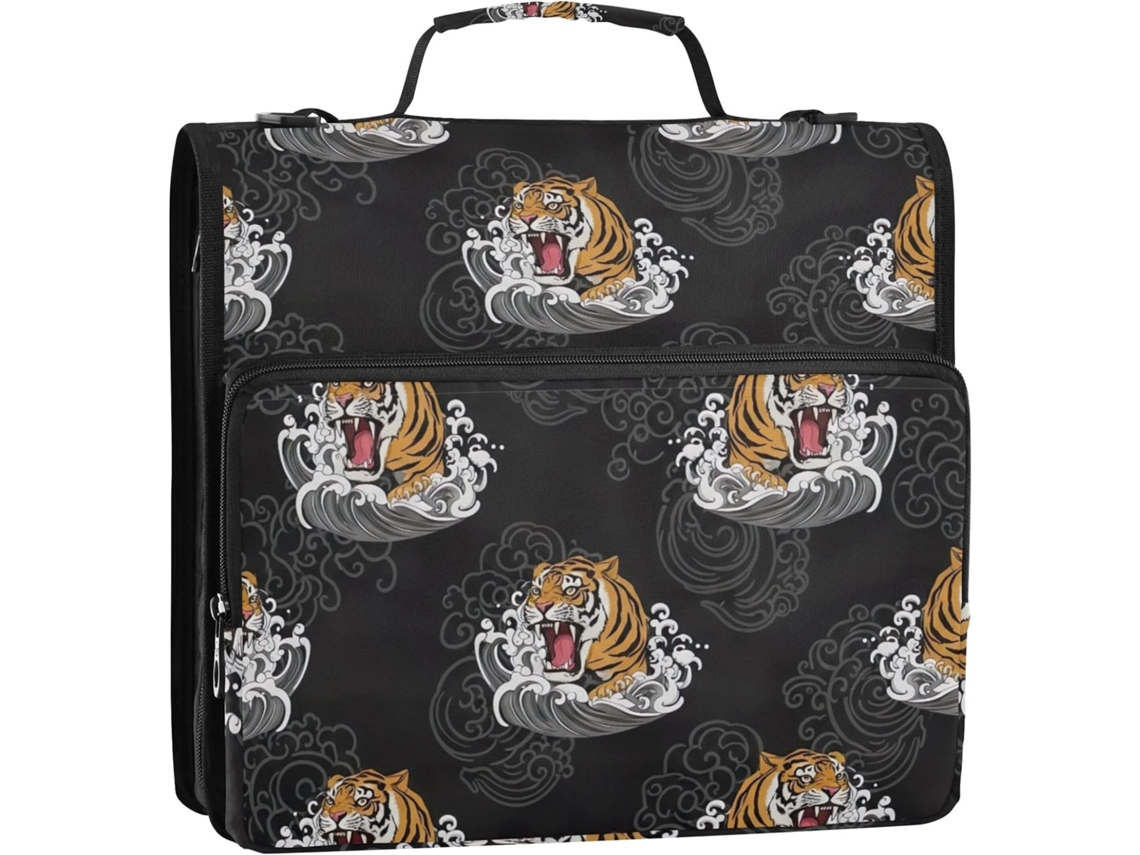 Fierce Tigers Pasta Organizadora Preta Com Zíper De 1 2-polegada, 3-argolas, Bolsa Escolar Com Alça E Porta Argolas, 34