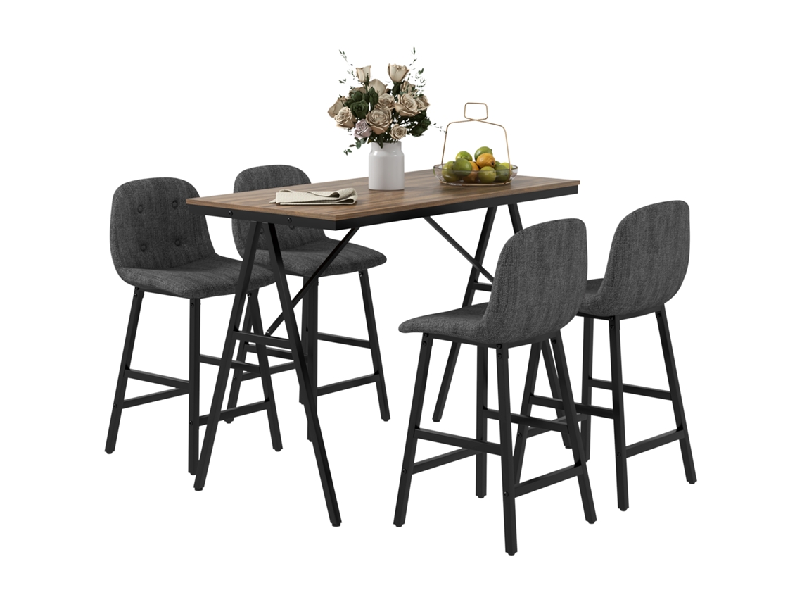 Conjunto Bar Cinzento Escuro 5 Peças Mesa E 4 Cadeiras Costura Abotoada Estofado Grosso Visual Linho