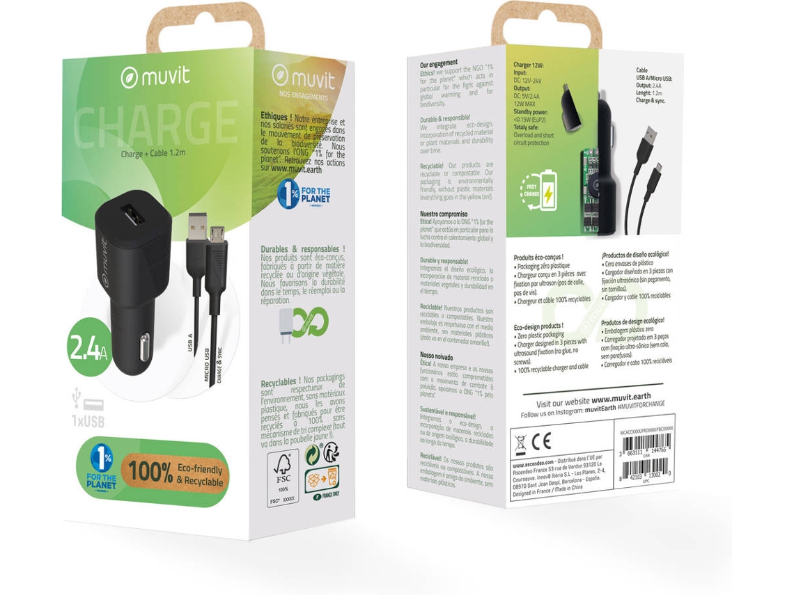 Carregador Auto MicroUSB MUVIT MCPAK0016 Preto