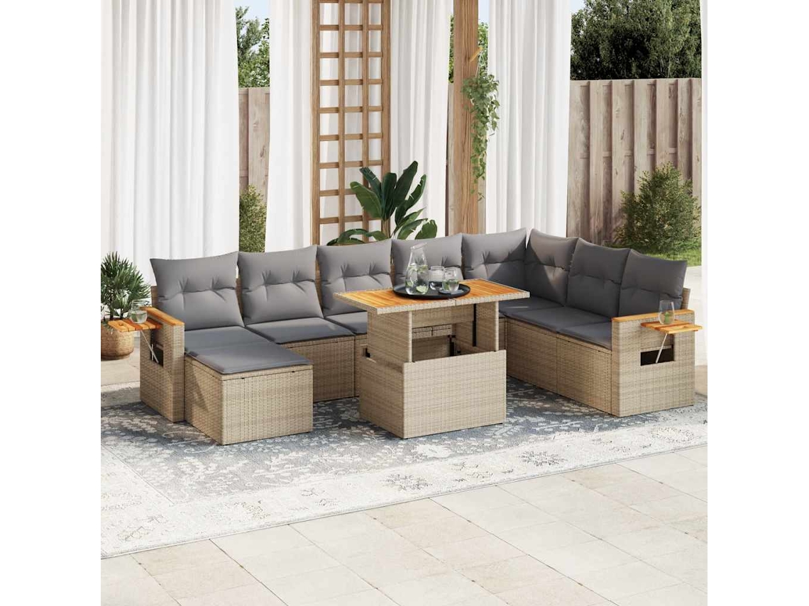 Vidaxl 9 Pcs Conjunto Sofás Jardim Com Almofadões Vime Pe/acácia Bege