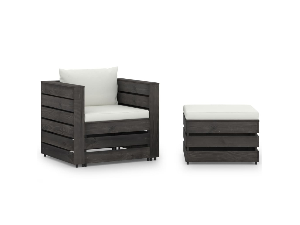 Vidaxl 2 Pcs Conj. Lounge Jardim + Almofadões Madeira Impreg. Cinzento