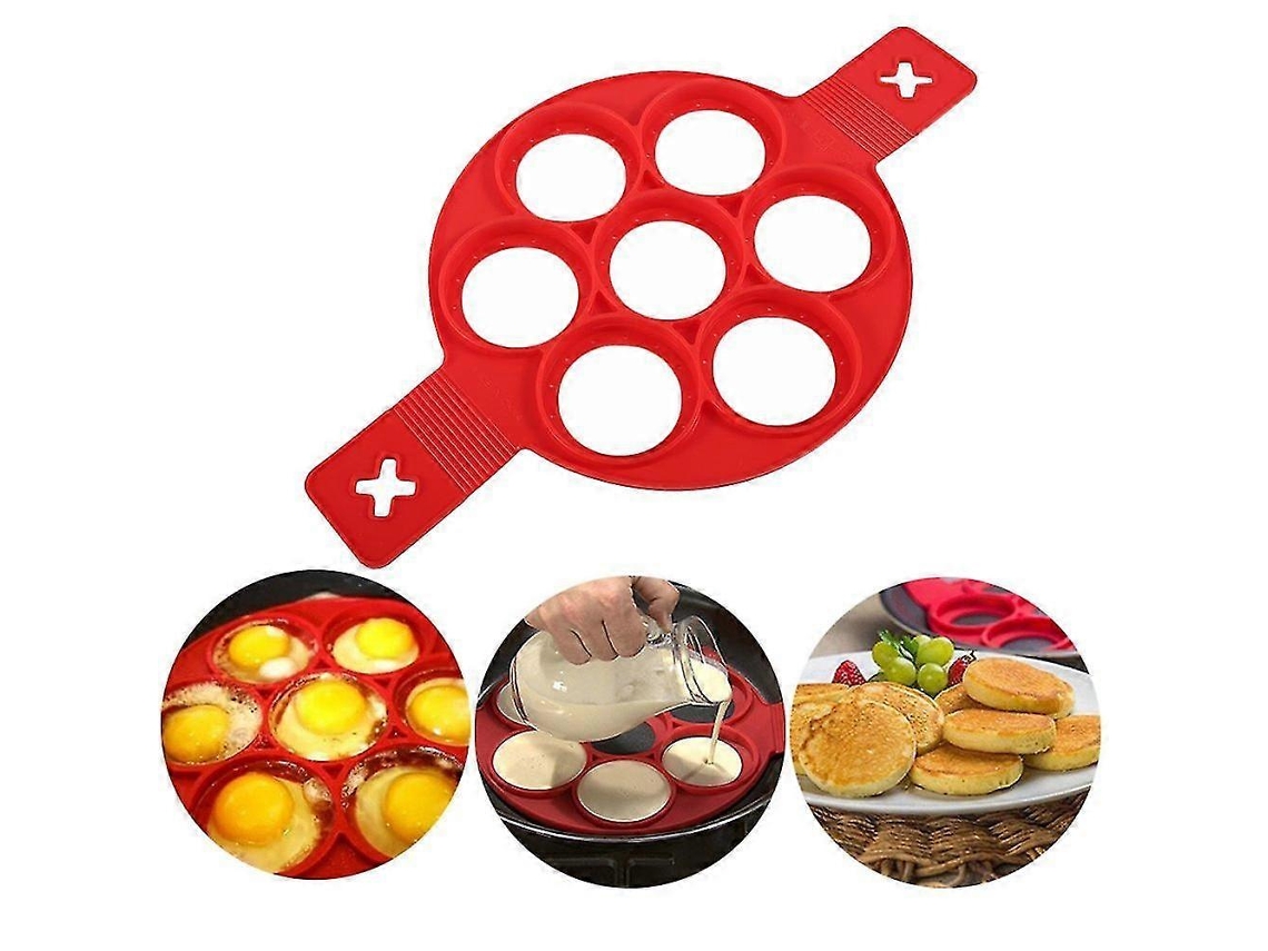 Molde de Silicona para Panquecas e Ovos com 7 Compartimentos Antiaderente e Asas Estendidas para Cozinha Vermelho.