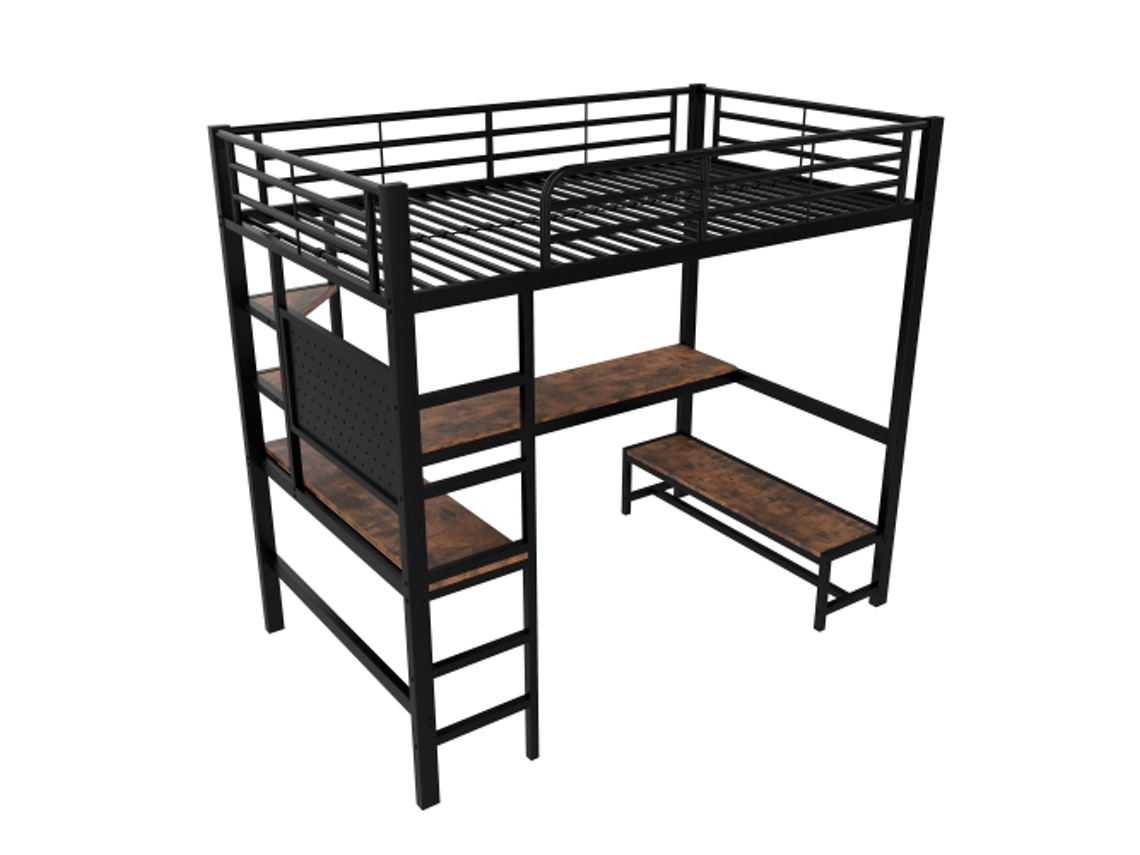 Cama Alta, 90 X 200 Cm, Estrutura De Ferro, Escrivaninha, Grade De Proteção, Escada, Com Tomadas Usb E Tipo-c, Com Fita De Led, Sem Colchão