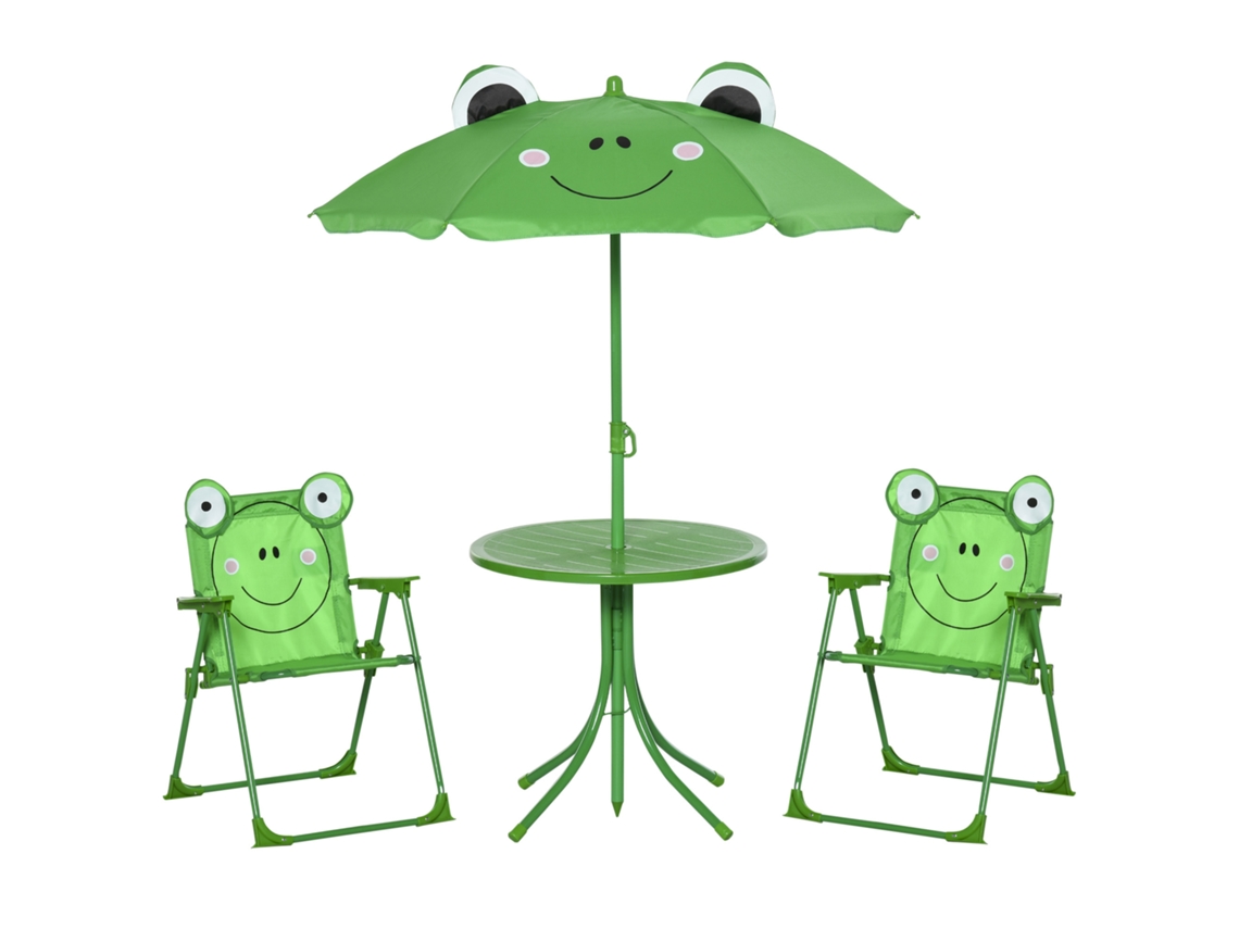 Conjunto De Mesa De Jardim Com 2 Cadeiras Dobráveis, Mesa De Centro E Guarda-sol Infantil Em Metal E Poliéster, Verde.