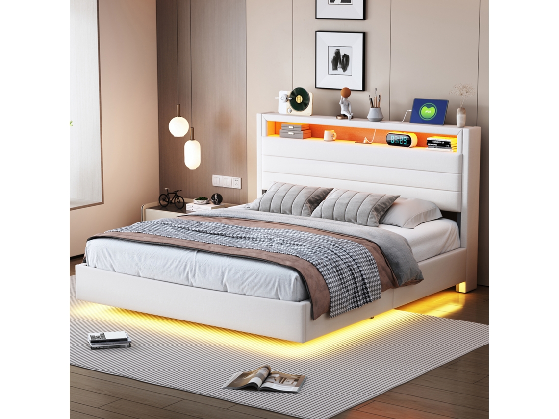 Cama 140x200cm Lin, Hidráulica, Suspensa, Cabeceira Rebatível, Usb, Led, 250kg, Sem Colchão, Bege KOMHTOM