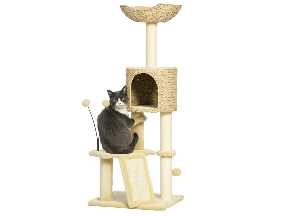 Altura da Árvore de Gato: 116 Cm, Cesta Nicho, Plataformas, Pompons de Peluche e Jacinto D'água Bege Ge