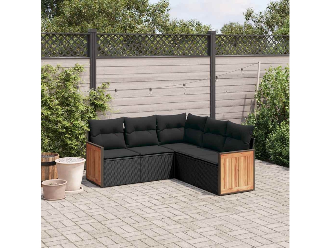 Vidaxl 5 Pcs Conjunto Sofás De Jardim Com Almofadões Vime Pe Preto