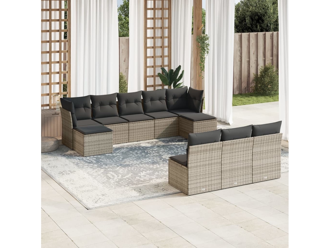 Vidaxl 10 Pcs Conjunto Sofás De Jardim C/ Almofadões Vime Pe Cinzento