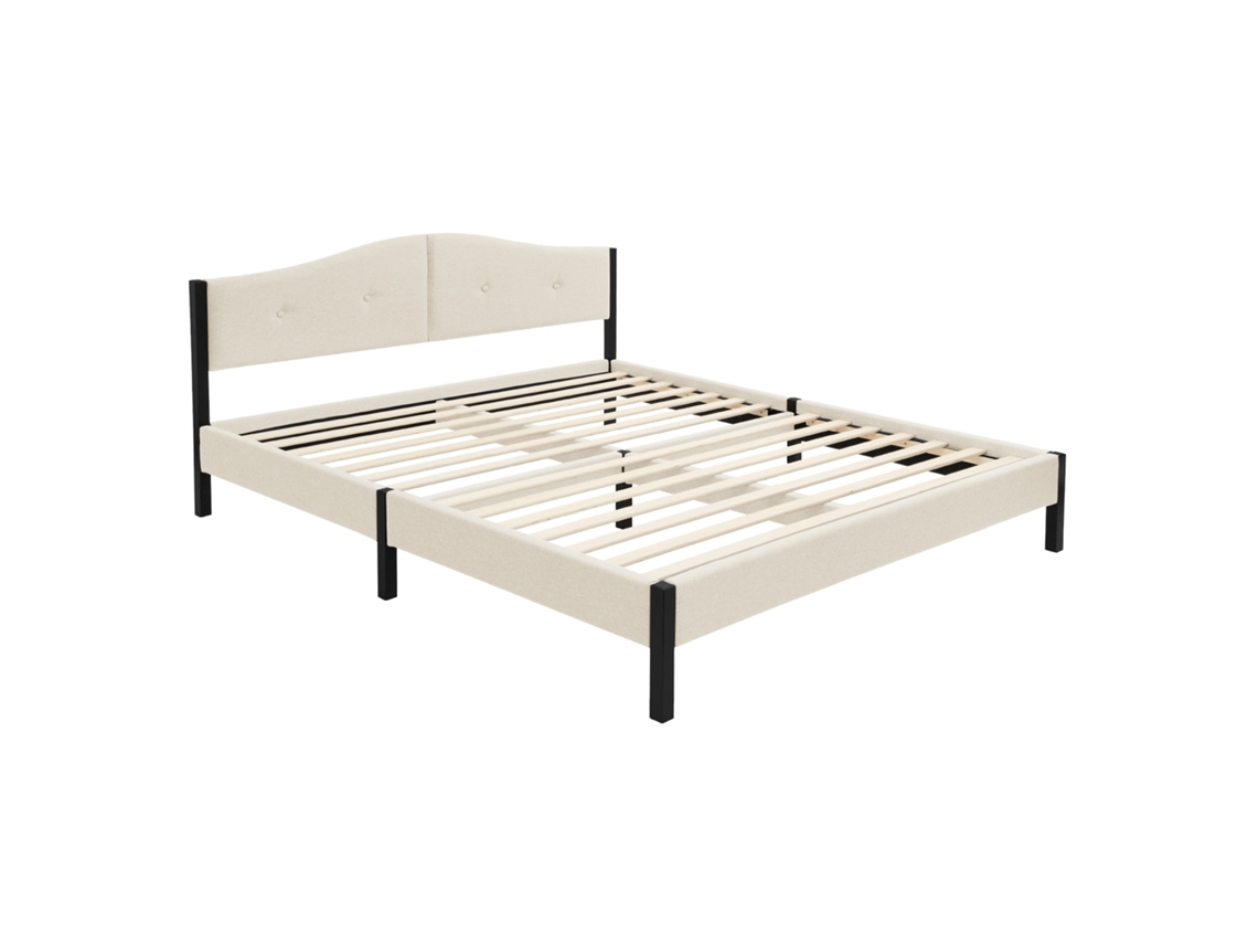 Estrutura de Cama Estofada de Casal ML DESIGN 160 X 200cm Beige, Cabeceira e Base de Ripas