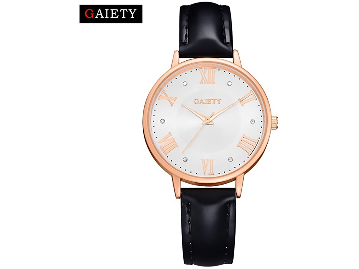 Relógio de Pulso Analógico de Quartzo com Pulseira de Couro Gaiety Ouro Rosa Simples (preto)