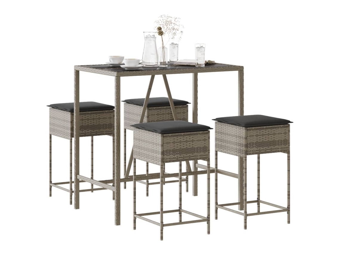 Vidaxl 5 Pcs Conjunto De Bar P/ Jardim C/ Almofadões Vime Pe Cinzento
