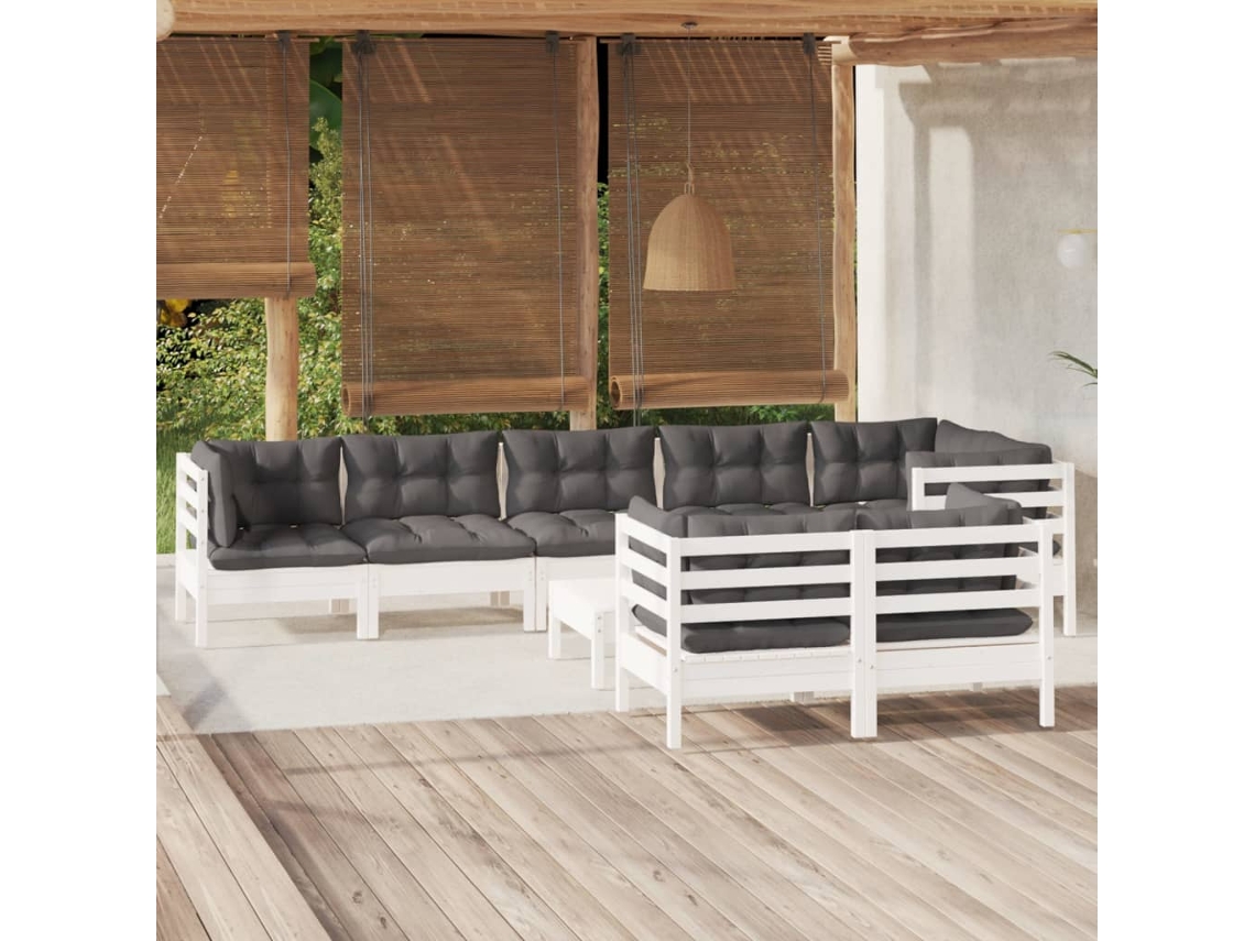 Vidaxl 9 Pcs Conj. Lounge De Jardim C/ Almofadões Pinho Maciço Branco