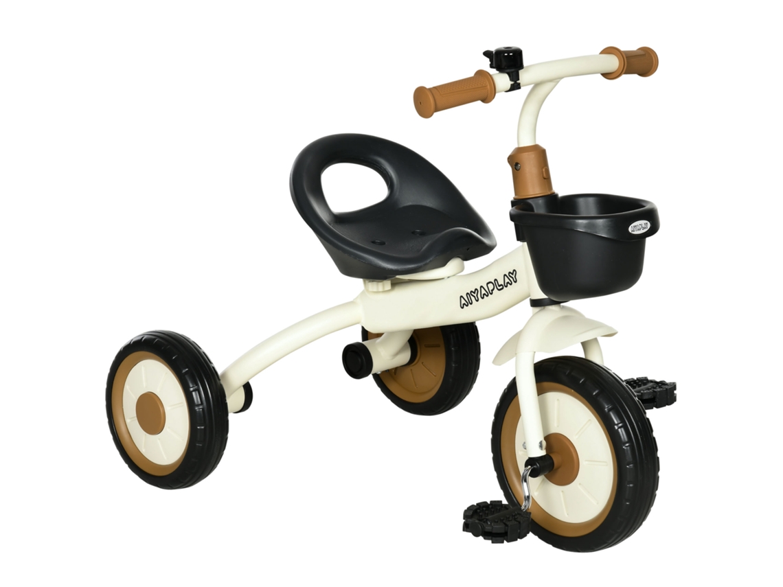 Triciclo infantil para 2 a 5 anos, com assento ajustável, cesta, sino e pedais 70,5x53x58 cm creme