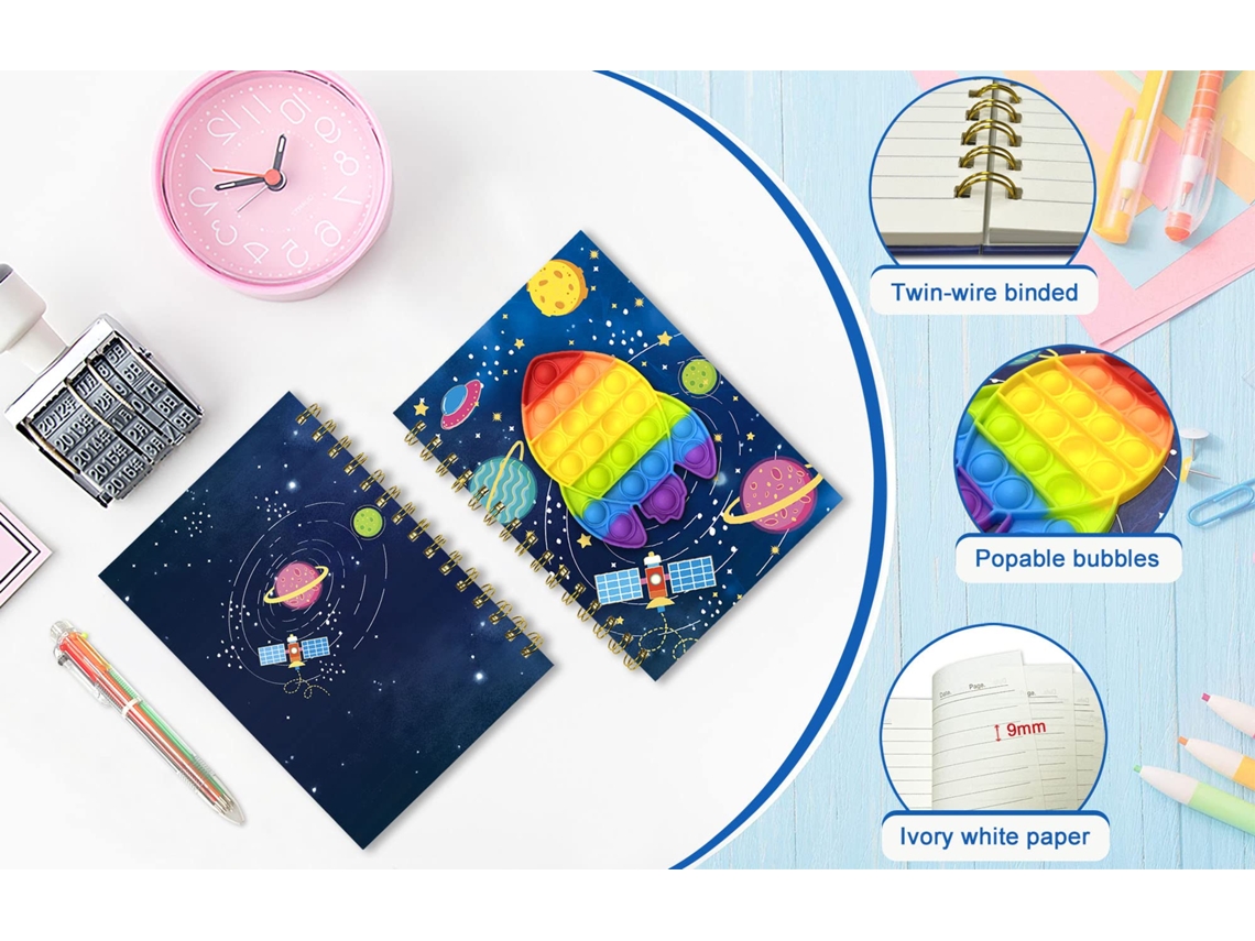 Caderno Pop Infantil, Diário Para Inquietos Com 160 Páginas Pautadas E Caneta De 6 Cores, Encadernação Em Espiral, Design De Foguete, Ideal