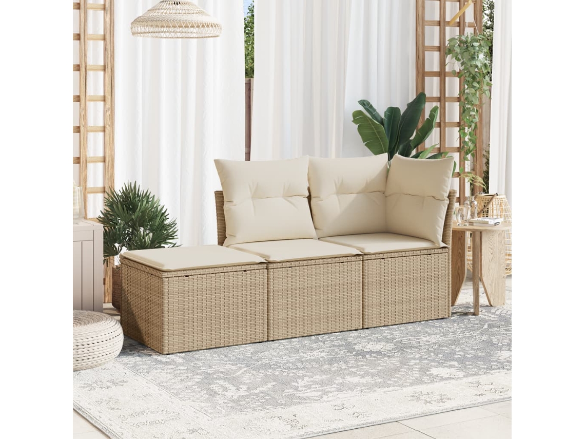 Vidaxl 3 Pcs Conjunto De Sofás P/ Jardim Com Almofadões Vime Pe Bege