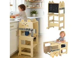 Torre de aprendizagem dupla 3 em 1, transforma-se em mesa e corrente, com quadrado preto e estampa de gato | S/BRAND